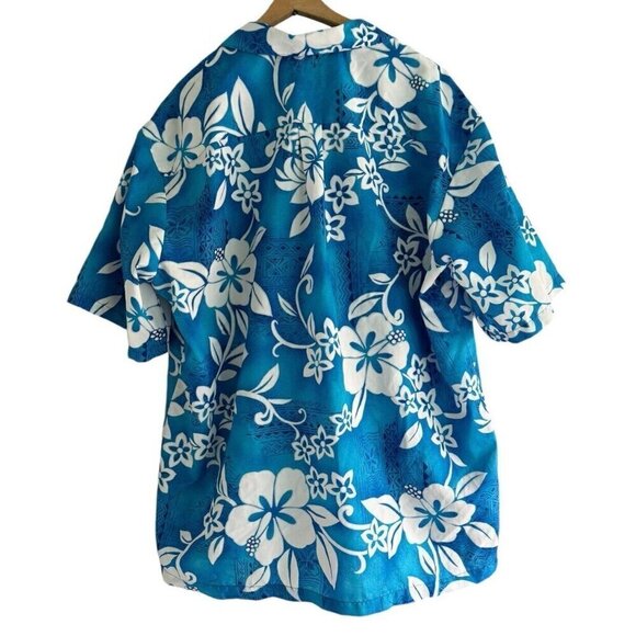VTG Hilo Hattie Mens Sz XL Blue White Hawaiian Floral Button Up Shirt Polyester - Picture 3 of 6
